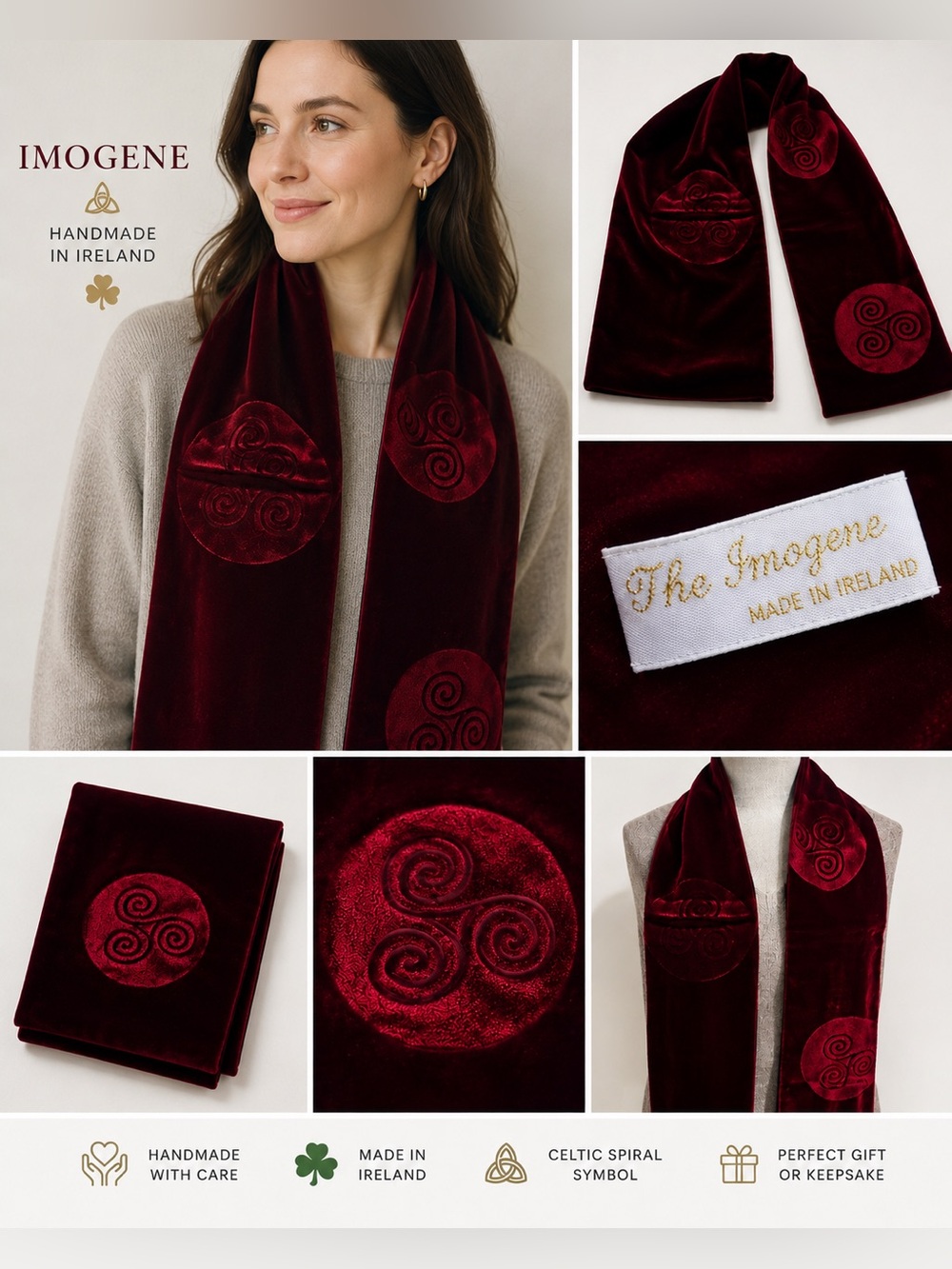 NWOT Imogene Velvet
Scarf Handmade Ireland
Celtic Spiral Burgundy